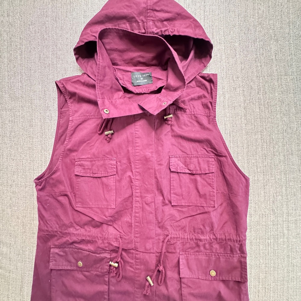 Love Tree Womens Burgundy Cotton Hooded Utility Cargo Vest 2X 8028VHX